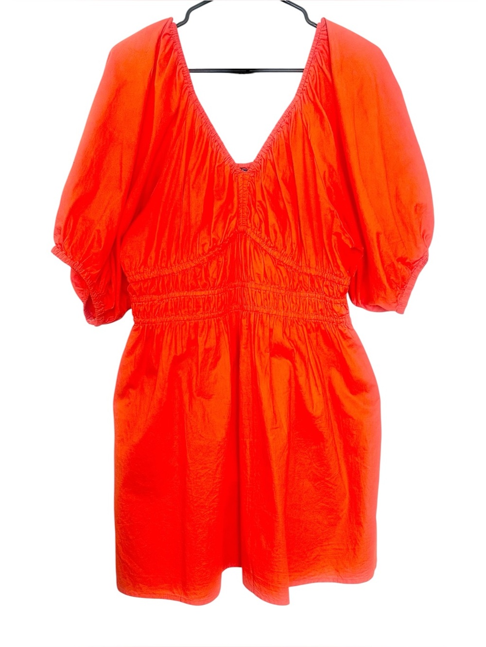 Old Navy Waist-Defined Puff-Sleeve Mini Dress Cotton Large Petite Orange